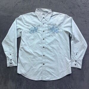 Red Level Nine Mens Large Blue Striped Embroidered Griffin Graphic Shirt Y2K